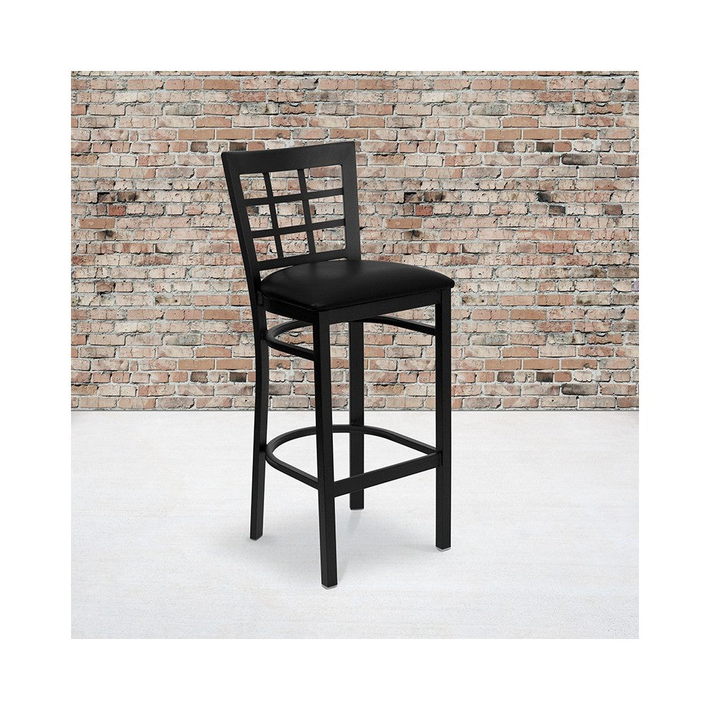 Black Window Back Metal Restaurant Barstool - Black Vinyl Seat