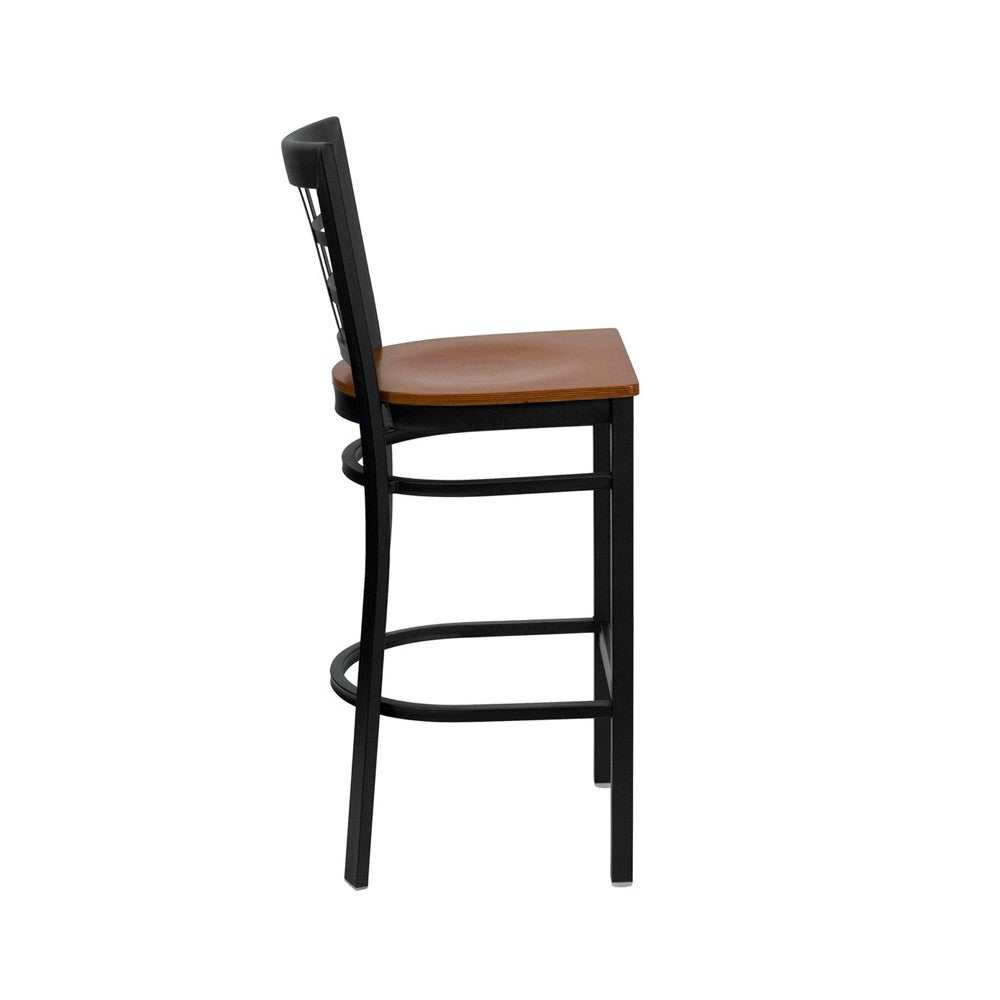 Black Window Back Metal Restaurant Barstool - Cherry Wood Seat