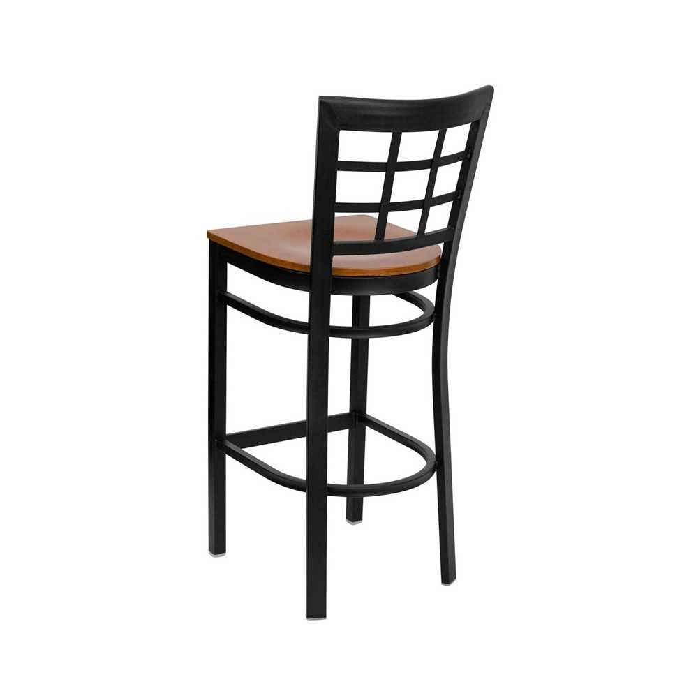 Black Window Back Metal Restaurant Barstool - Cherry Wood Seat