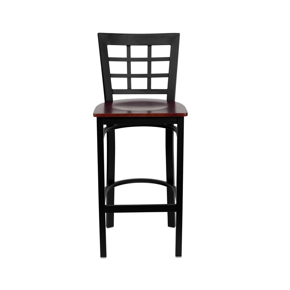 Black Window Back Metal Restaurant Barstool - Mahogany Wood Seat