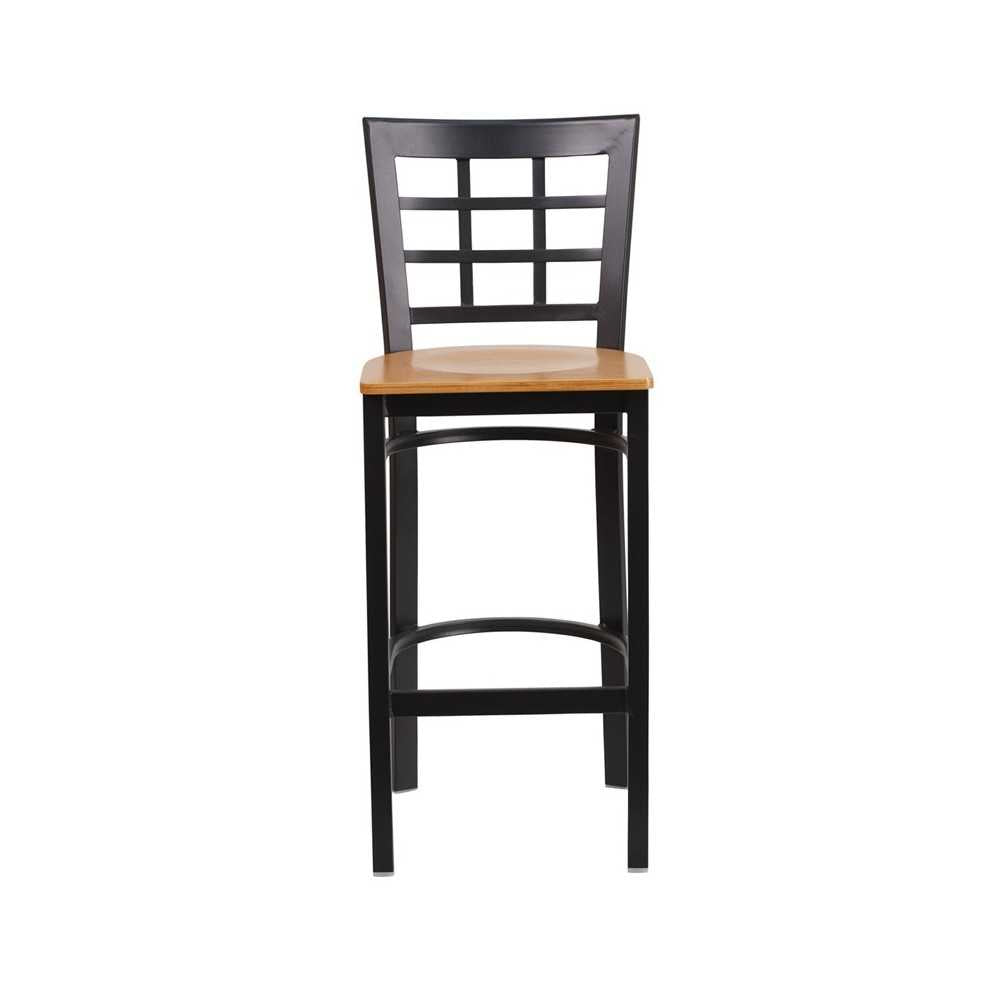 Black Window Back Metal Restaurant Barstool - Natural Wood Seat