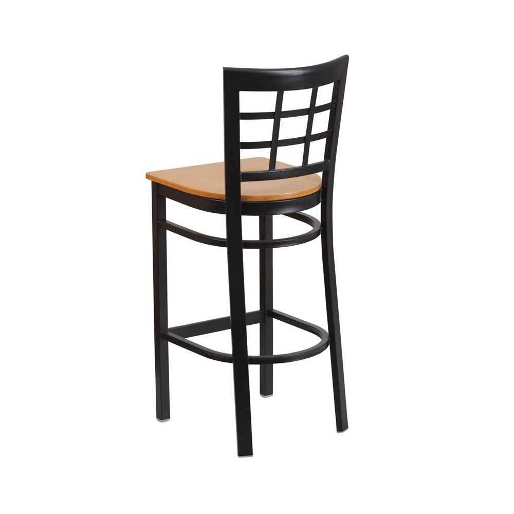 Black Window Back Metal Restaurant Barstool - Natural Wood Seat