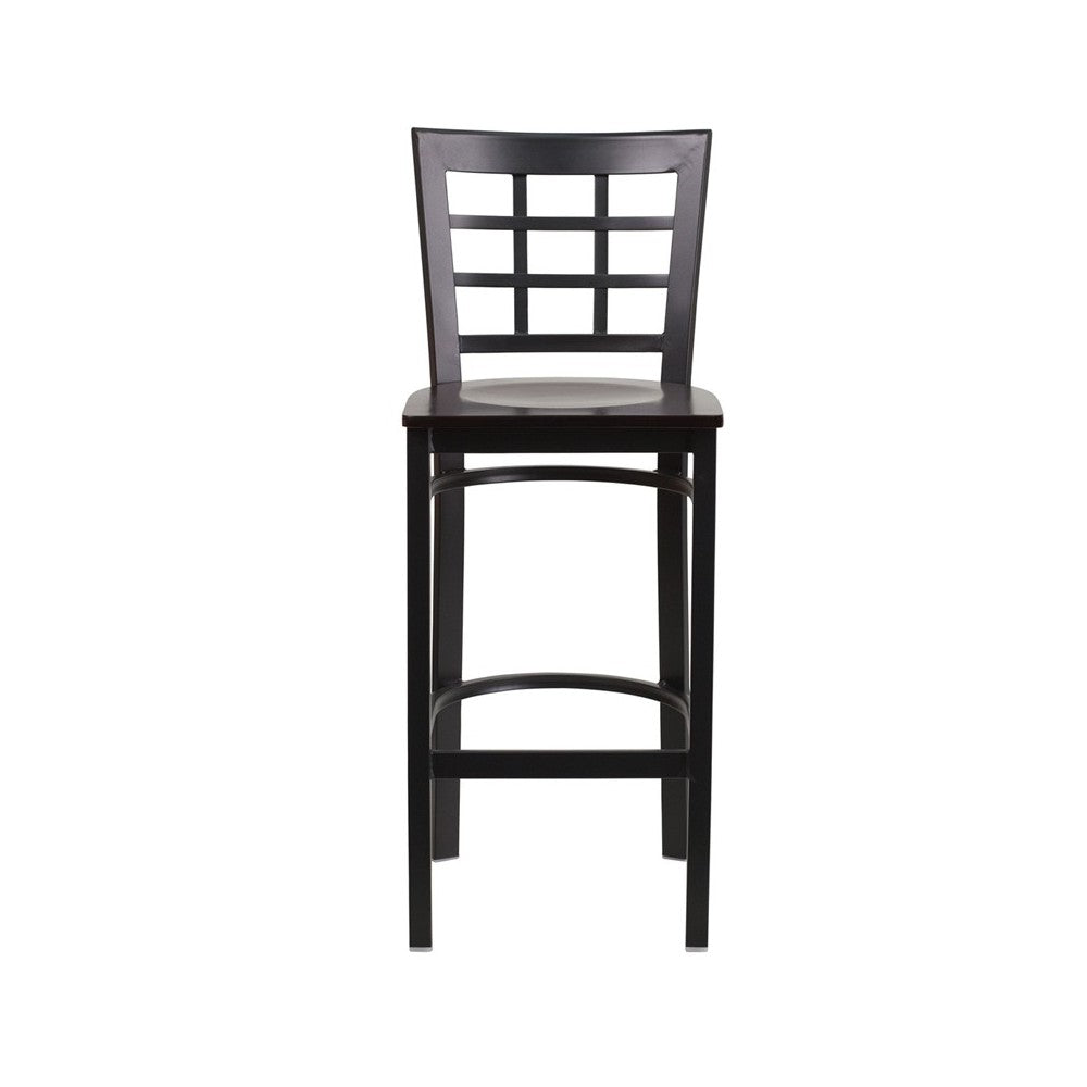 Black Window Back Metal Restaurant Barstool - Walnut Wood Seat