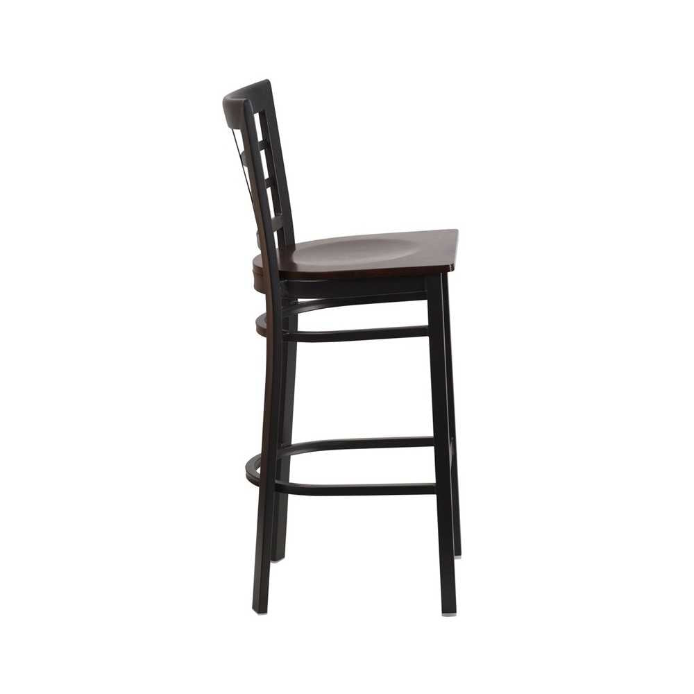 Black Window Back Metal Restaurant Barstool - Walnut Wood Seat