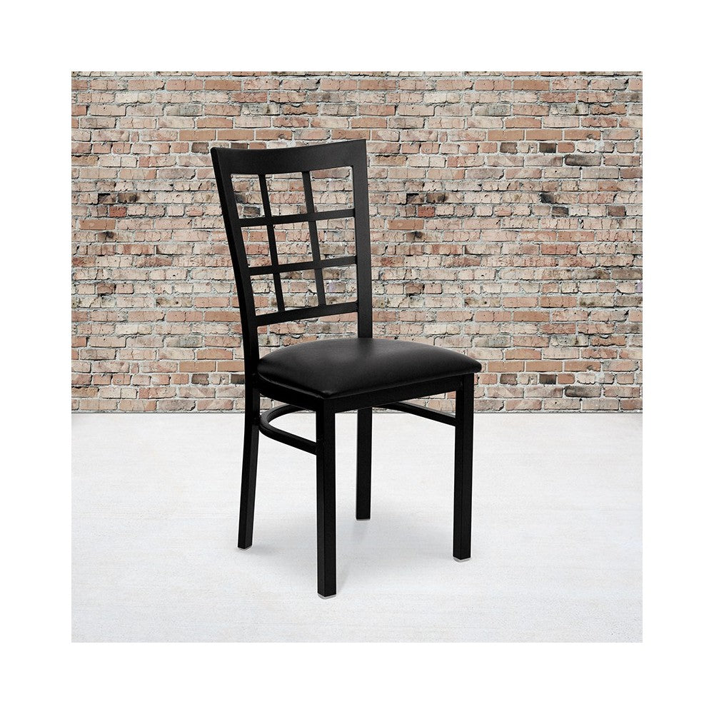 Black Window Back Metal Restaurant Chair - Black Vinyl Seat