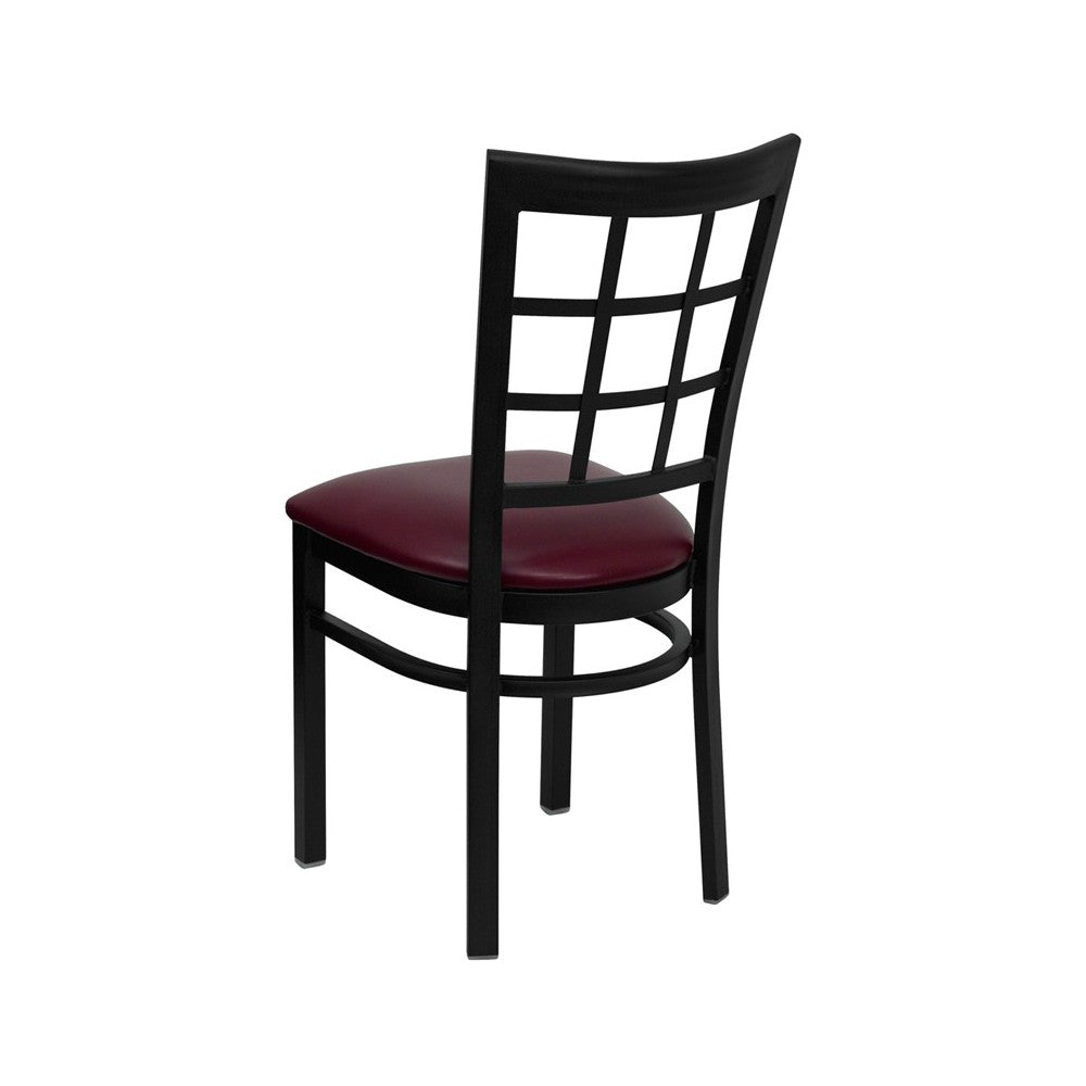 Black Window Back Metal Restaurant Chair - Burgundy Vinyl Seat