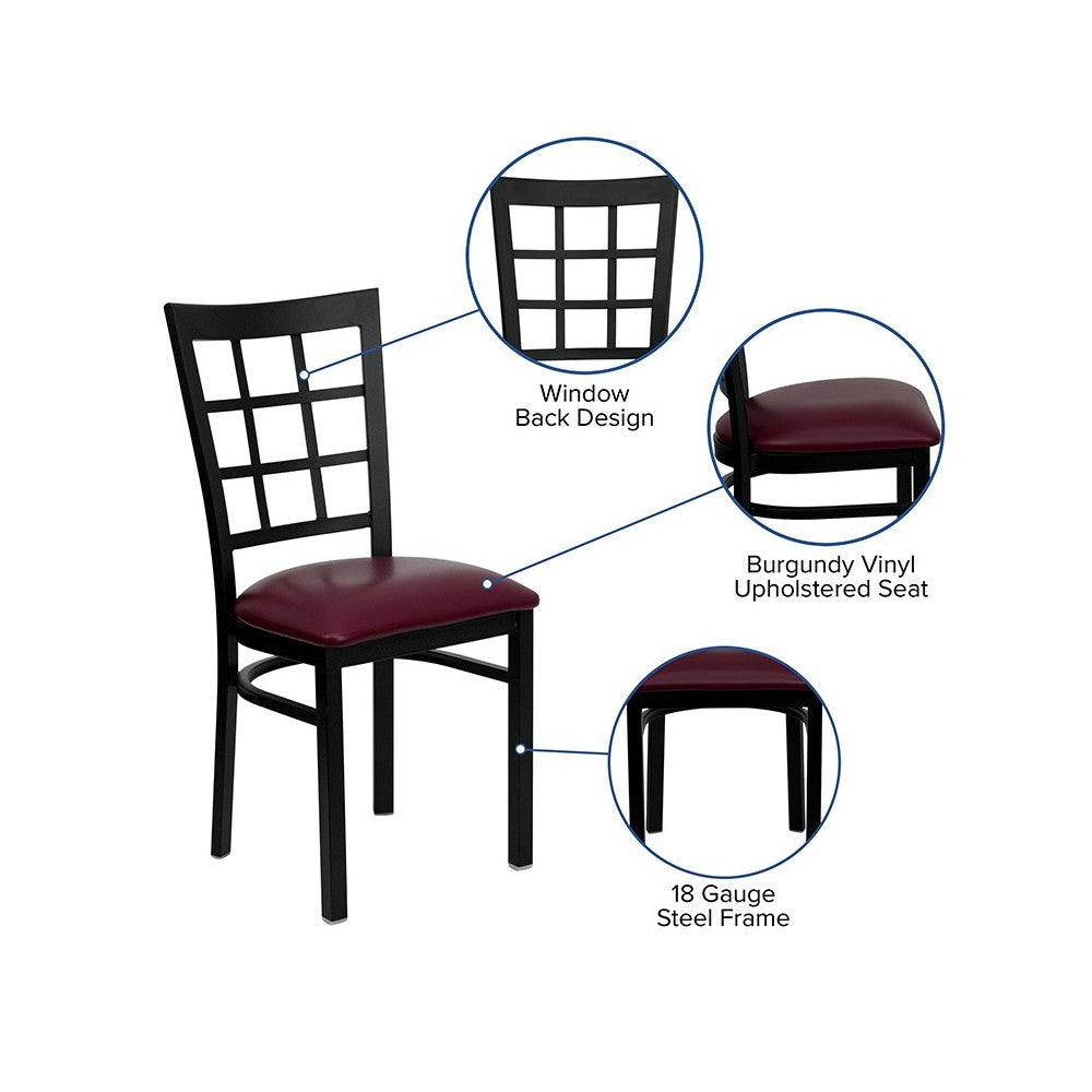 Black Window Back Metal Restaurant Chair - Burgundy Vinyl Seat