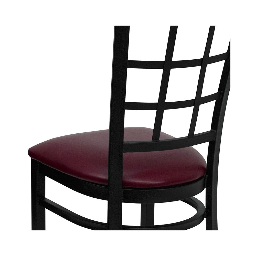 Black Window Back Metal Restaurant Chair - Burgundy Vinyl Seat