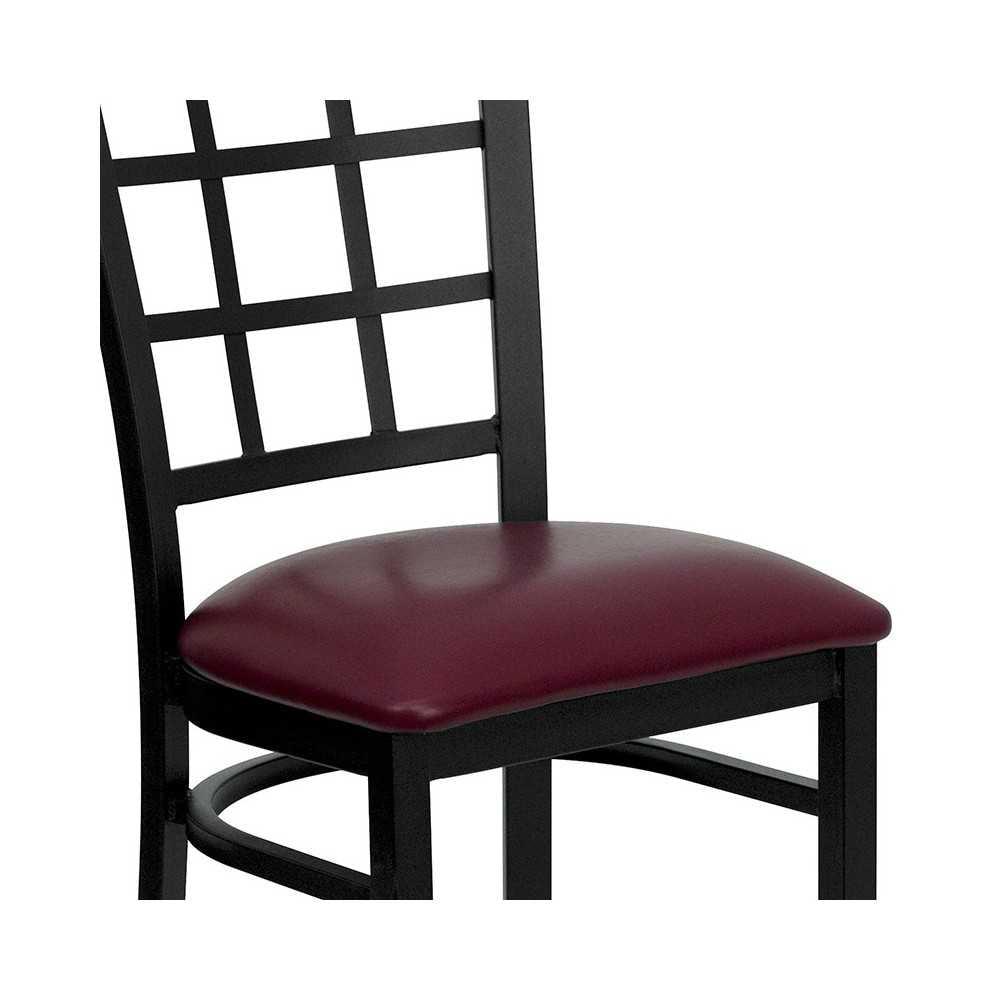 Black Window Back Metal Restaurant Chair - Burgundy Vinyl Seat