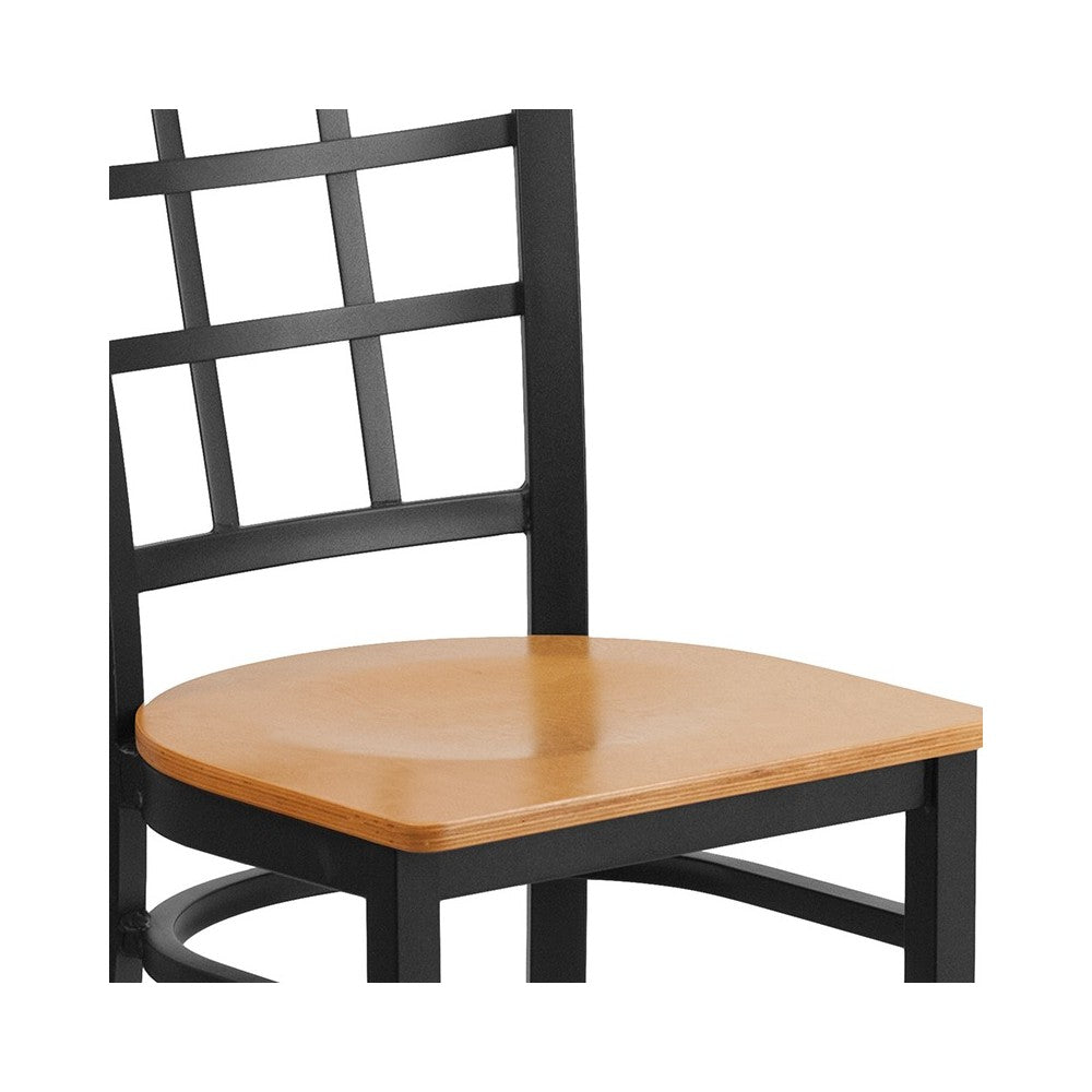 Black Window Back Metal Restaurant Chair - Natural Wood Seat