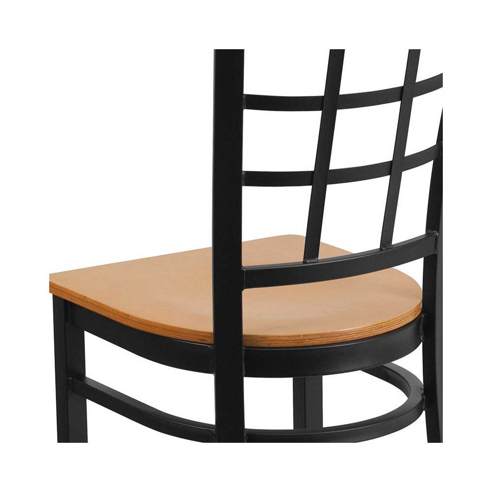 Black Window Back Metal Restaurant Chair - Natural Wood Seat