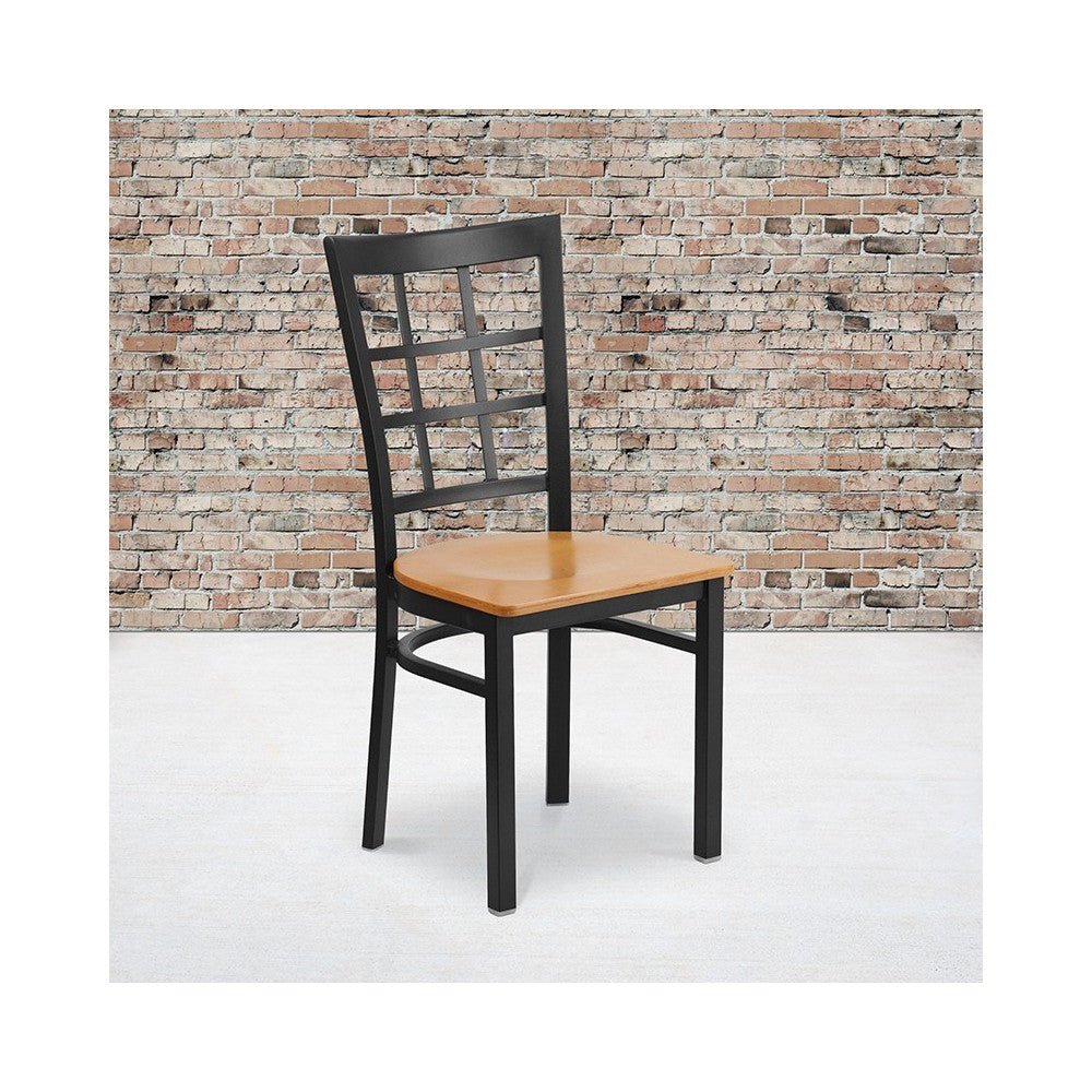 Black Window Back Metal Restaurant Chair - Natural Wood Seat