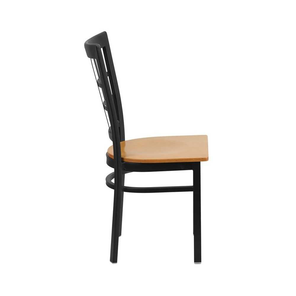 Black Window Back Metal Restaurant Chair - Natural Wood Seat