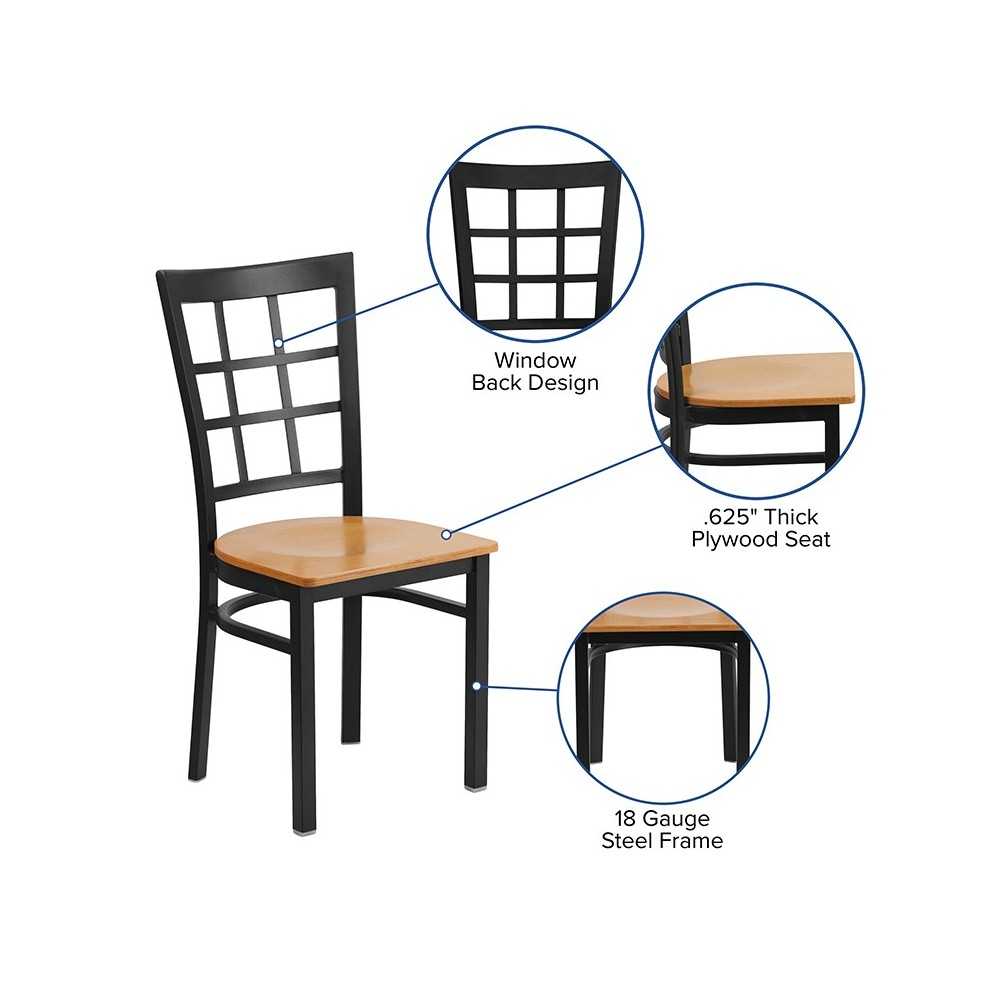 Black Window Back Metal Restaurant Chair - Natural Wood Seat