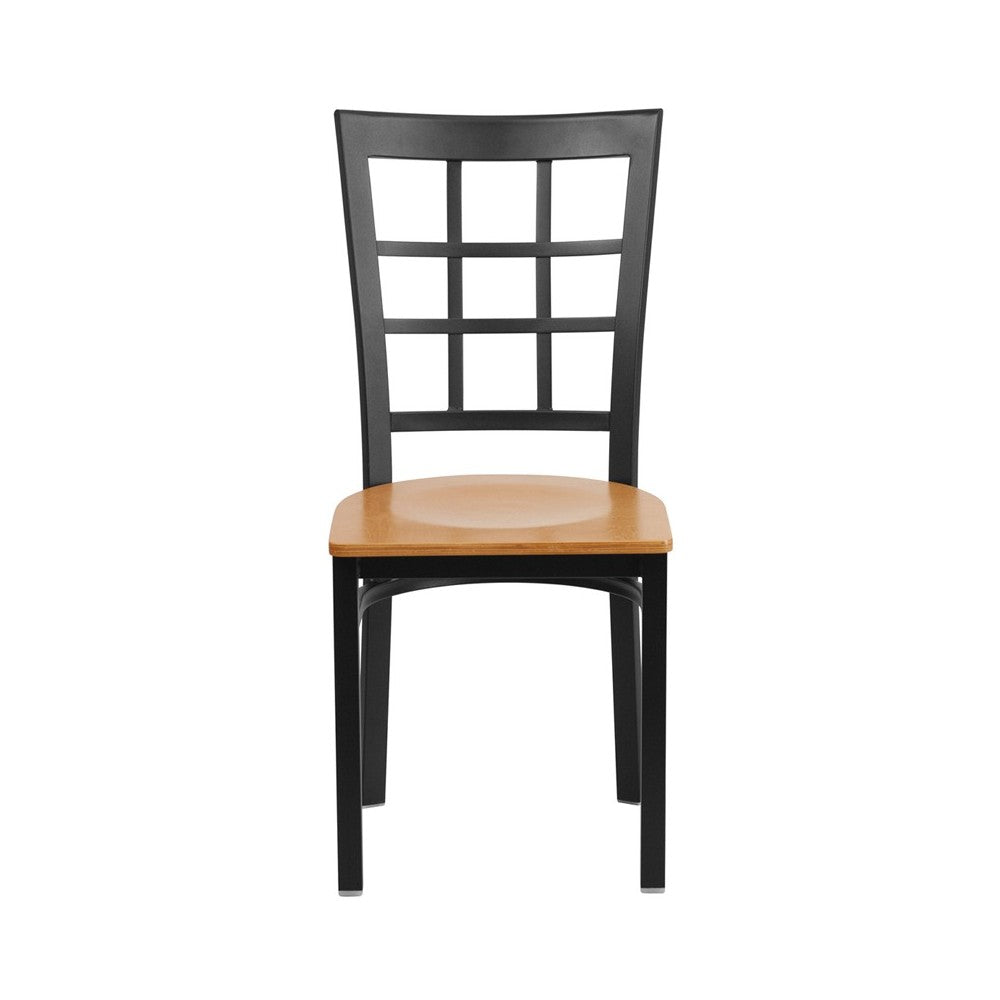 Black Window Back Metal Restaurant Chair - Natural Wood Seat