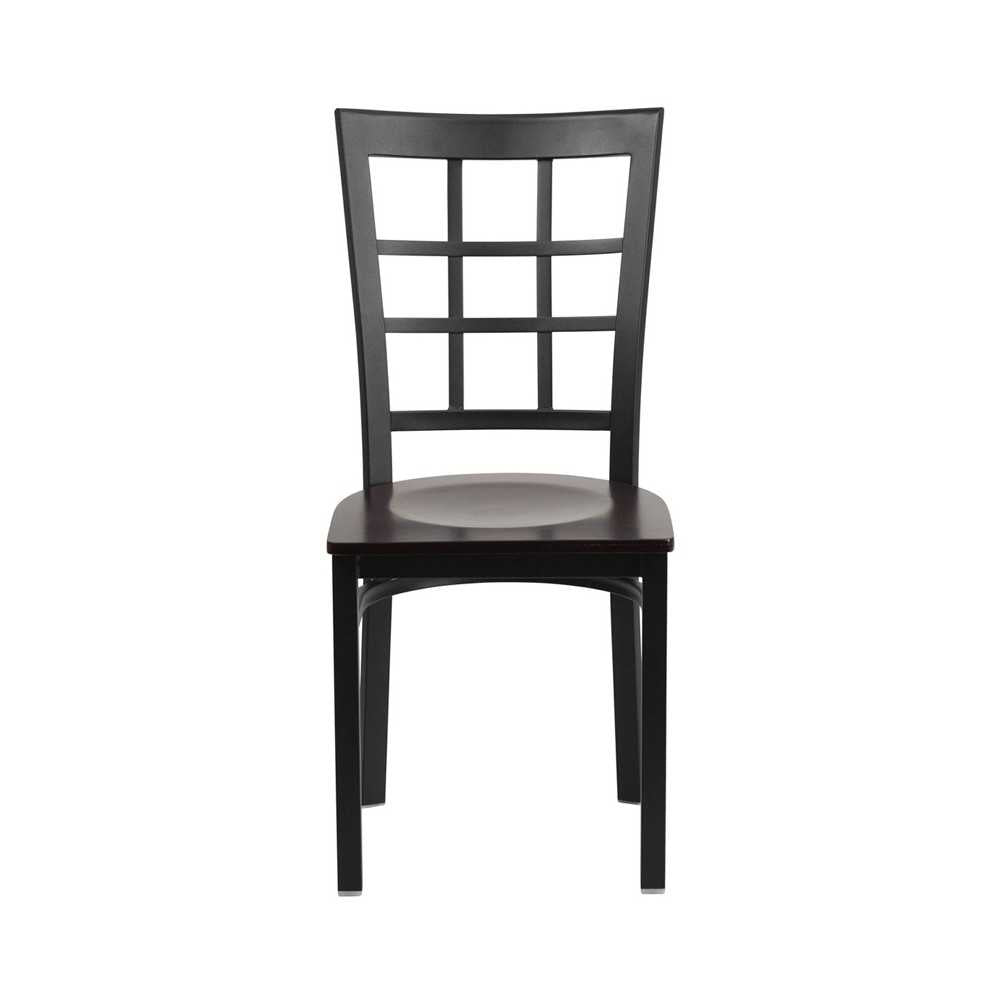 Black Window Back Metal Restaurant Chair - Walnut Wood Seat