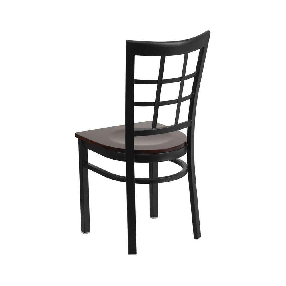 Black Window Back Metal Restaurant Chair - Walnut Wood Seat