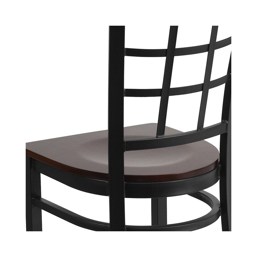 Black Window Back Metal Restaurant Chair - Walnut Wood Seat