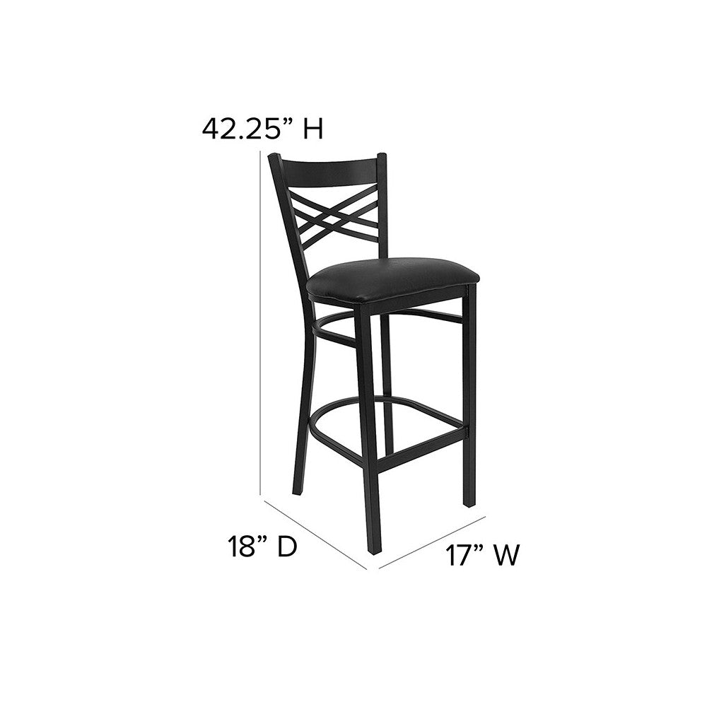 Black ''X'' Back Metal Restaurant Barstool - Black Vinyl Seat