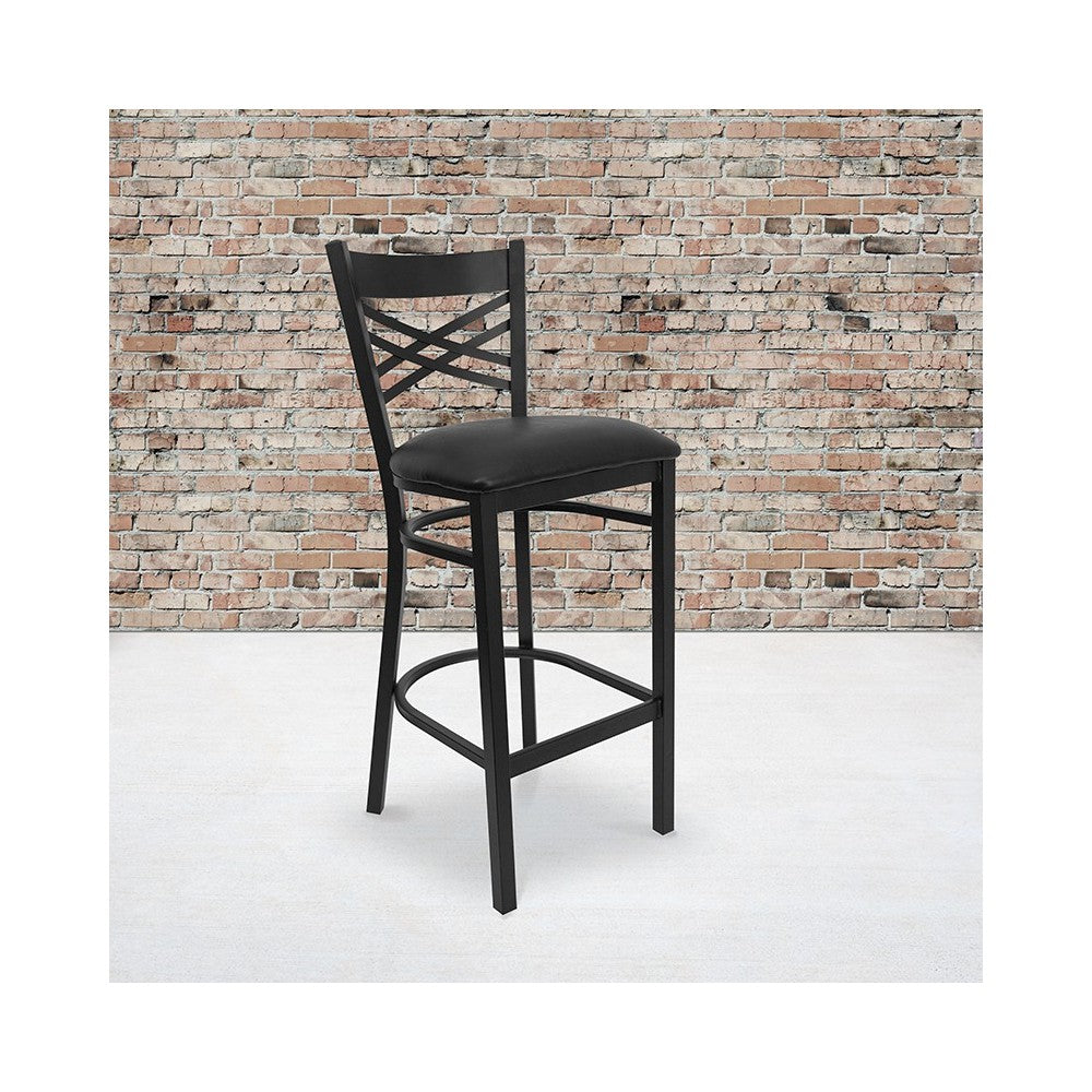Black ''X'' Back Metal Restaurant Barstool - Black Vinyl Seat