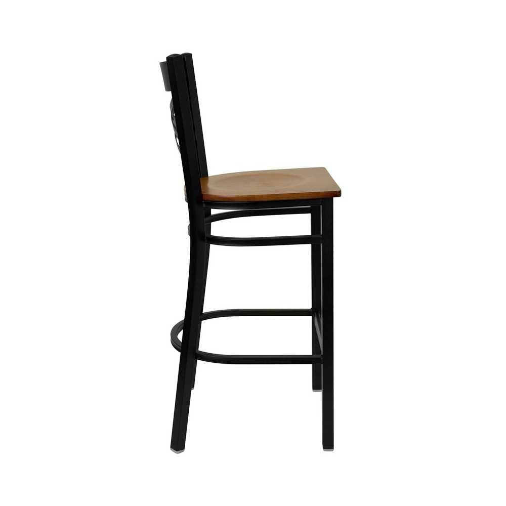Black ''X'' Back Metal Restaurant Barstool - Cherry Wood Seat