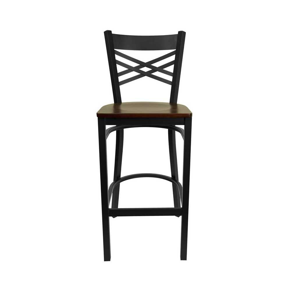 Black ''X'' Back Metal Restaurant Barstool - Mahogany Wood Seat
