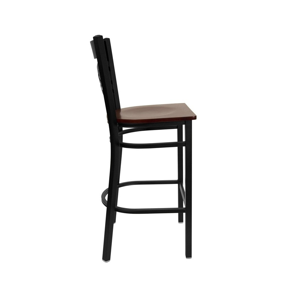 Black ''X'' Back Metal Restaurant Barstool - Mahogany Wood Seat