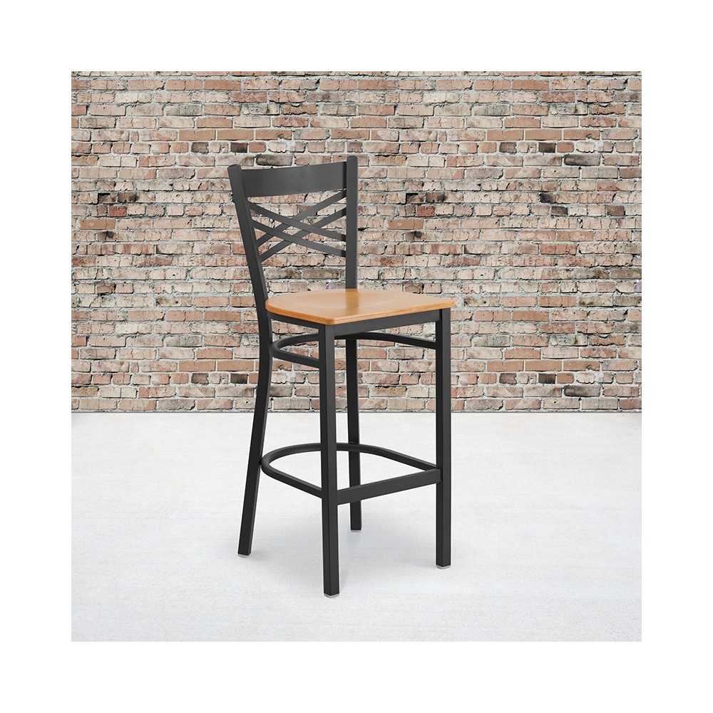 Black ''X'' Back Metal Restaurant Barstool - Natural Wood Seat