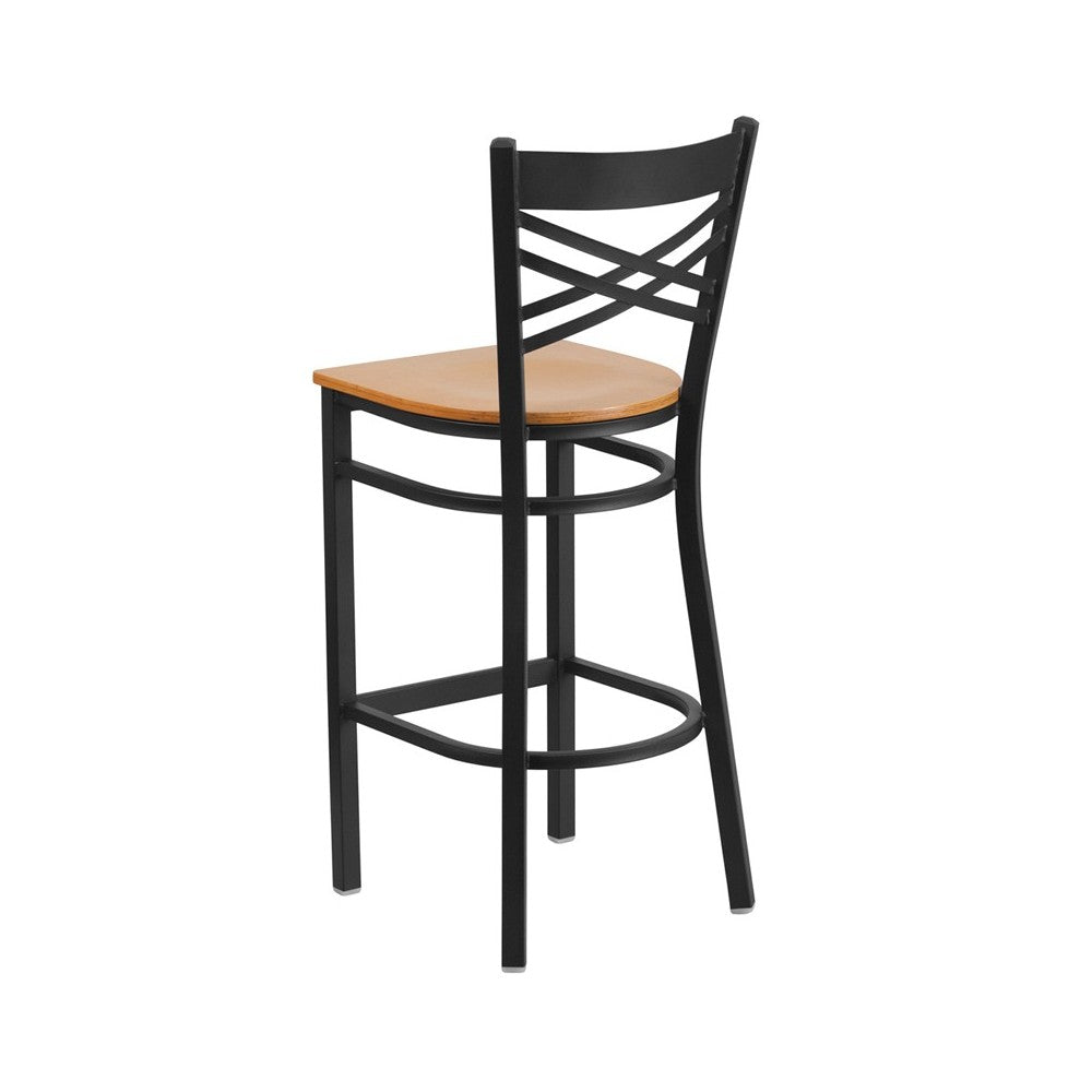 Black ''X'' Back Metal Restaurant Barstool - Natural Wood Seat