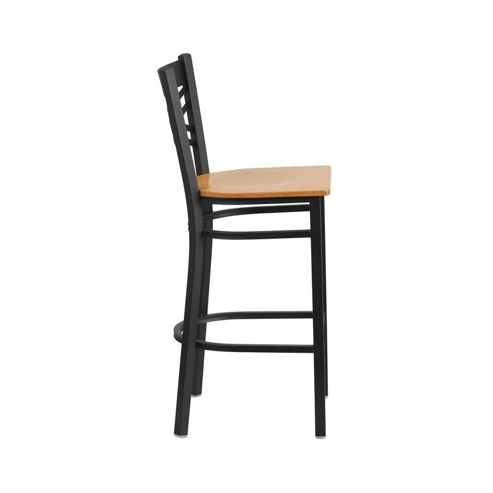 Black ''X'' Back Metal Restaurant Barstool - Natural Wood Seat