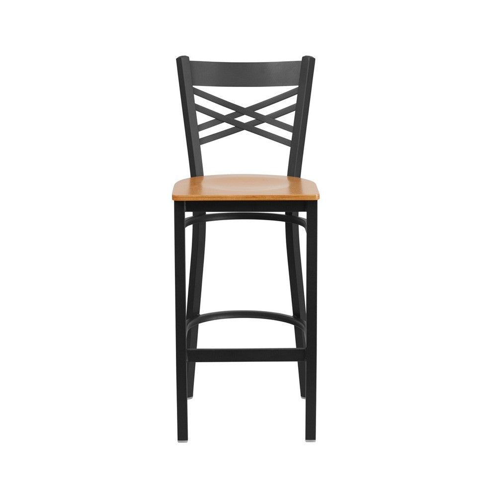 Black ''X'' Back Metal Restaurant Barstool - Natural Wood Seat