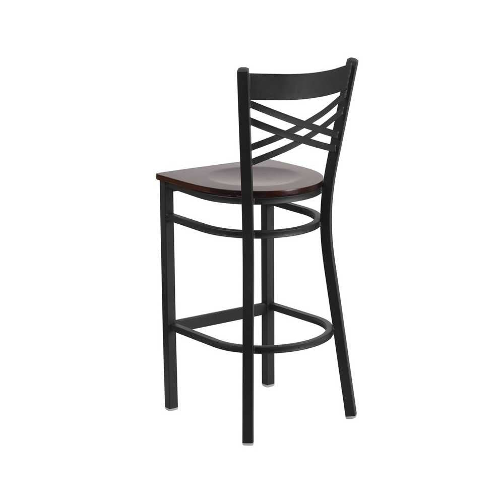 Black ''X'' Back Metal Restaurant Barstool - Walnut Wood Seat
