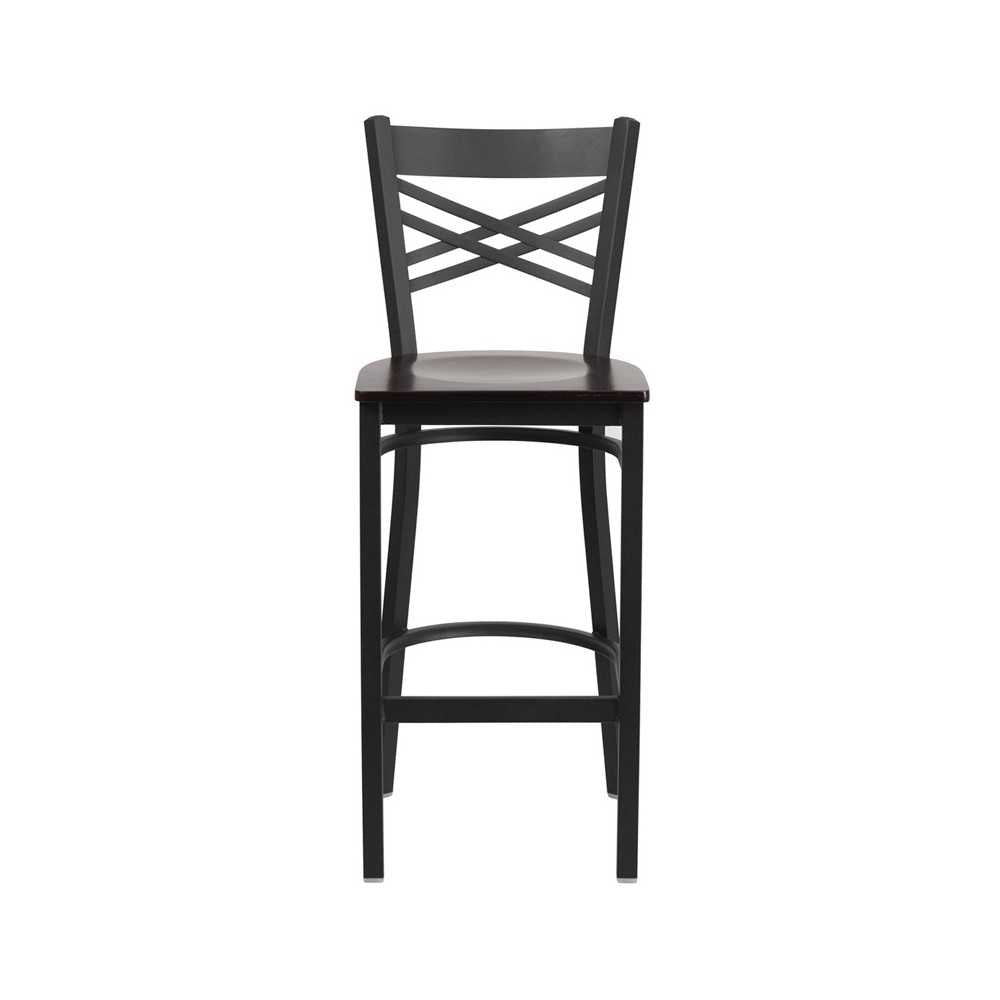 Black ''X'' Back Metal Restaurant Barstool - Walnut Wood Seat