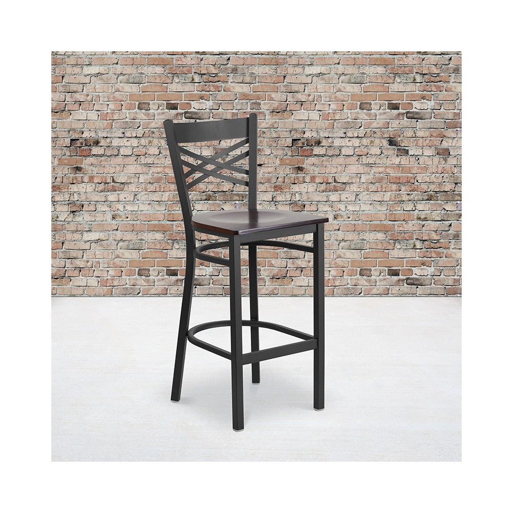 Black ''X'' Back Metal Restaurant Barstool - Walnut Wood Seat