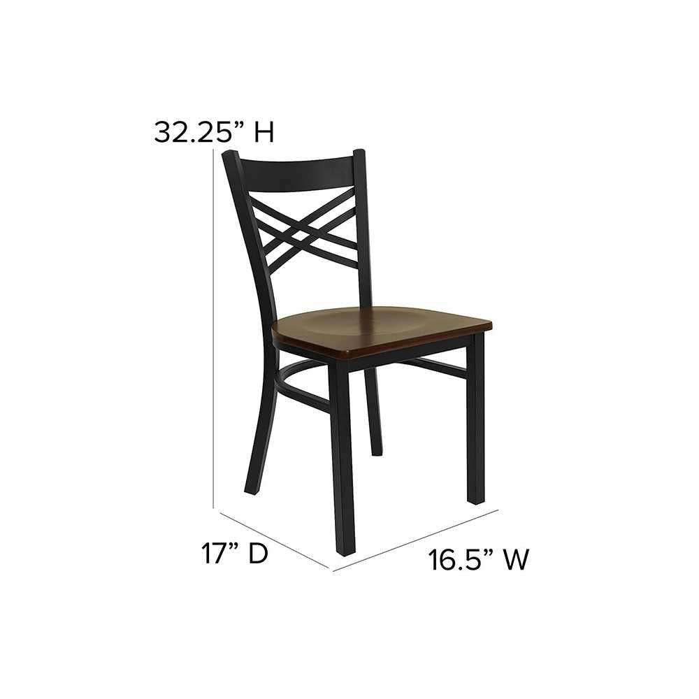 Black ''X'' Back Metal Restaurant Chair - Mahogany Wood Seat