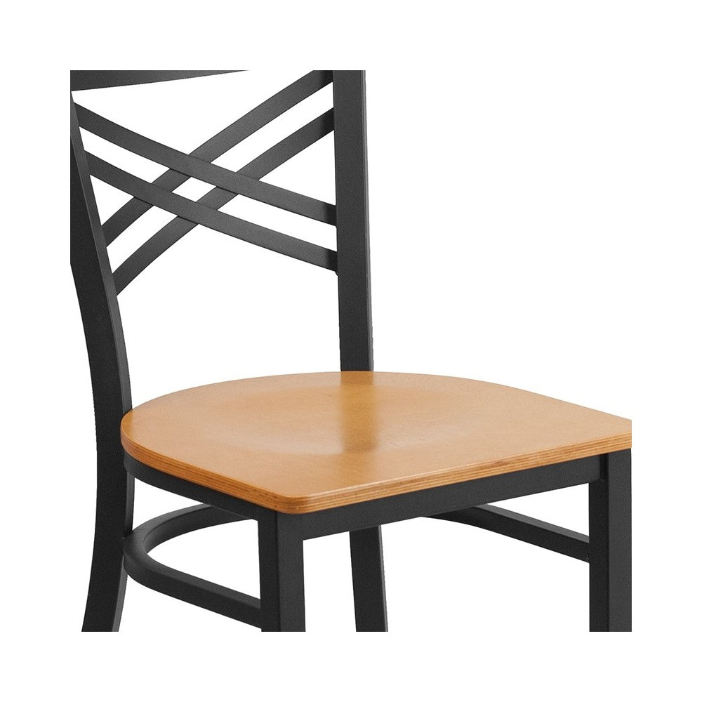 Black ''X'' Back Metal Restaurant Chair - Natural Wood Seat