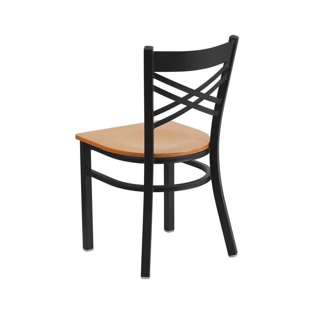 Black ''X'' Back Metal Restaurant Chair - Natural Wood Seat
