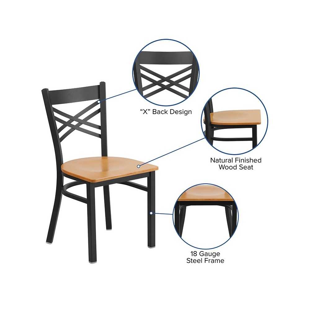 Black ''X'' Back Metal Restaurant Chair - Natural Wood Seat