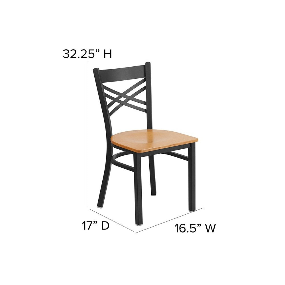 Black ''X'' Back Metal Restaurant Chair - Natural Wood Seat