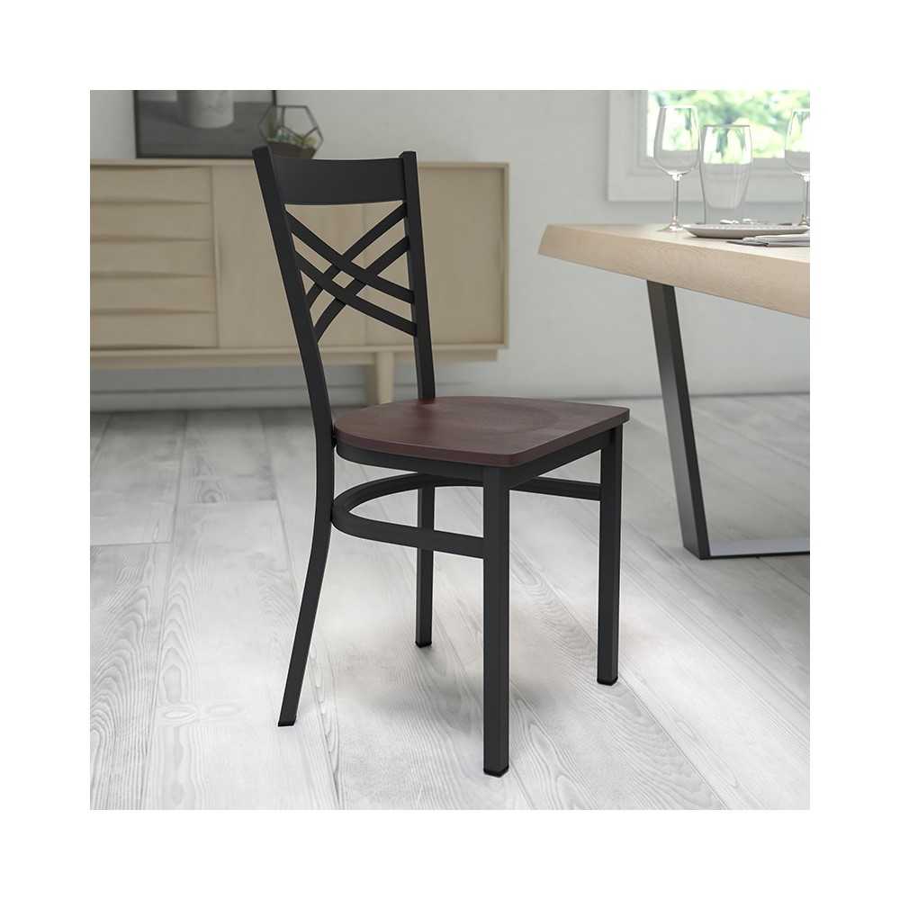Black ''X'' Back Metal Restaurant Chair - Walnut Wood Seat