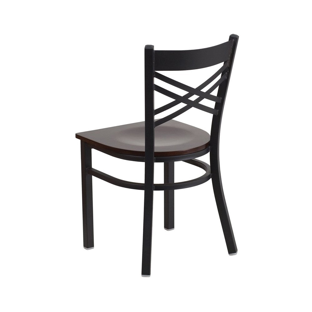 Black ''X'' Back Metal Restaurant Chair - Walnut Wood Seat