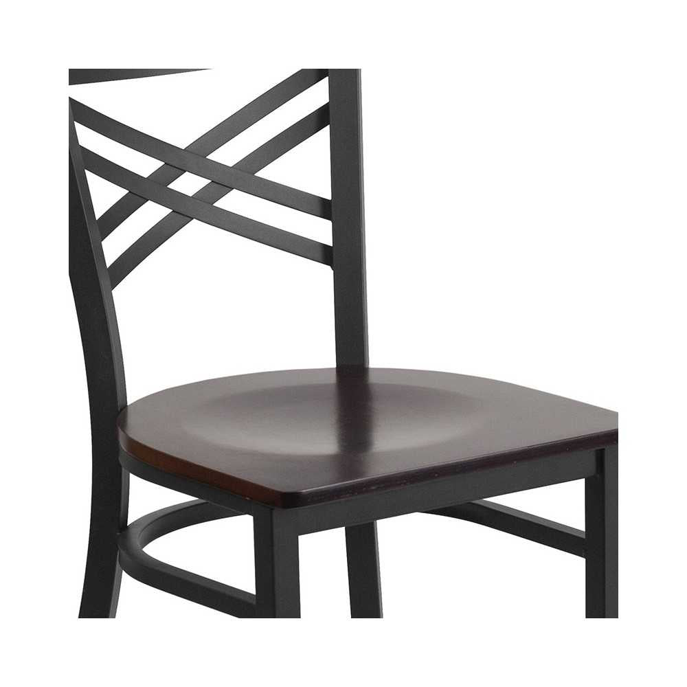 Black ''X'' Back Metal Restaurant Chair - Walnut Wood Seat