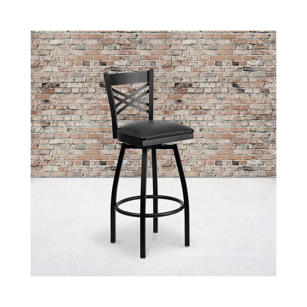 Black ''X'' Back Swivel Metal Barstool - Black Vinyl Seat