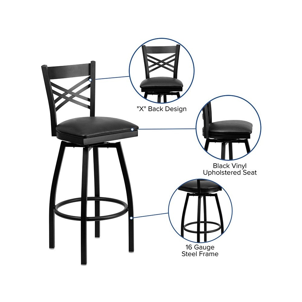 Black ''X'' Back Swivel Metal Barstool - Black Vinyl Seat