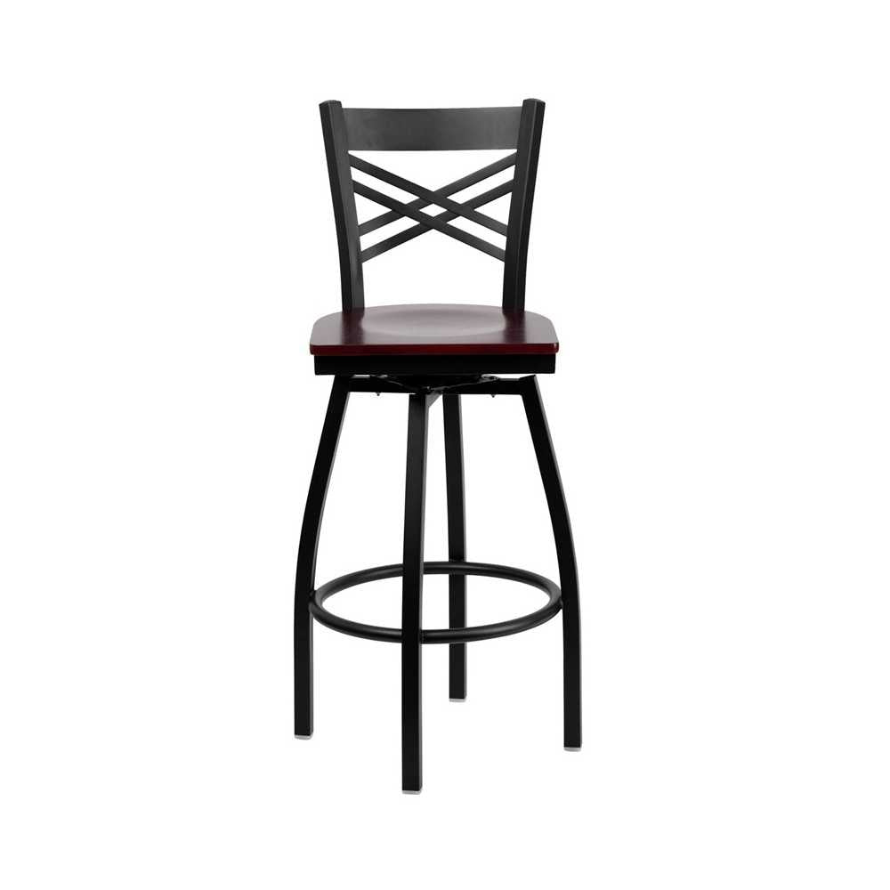 Black ''X'' Back Swivel Metal Barstool - Mahogany Wood Seat