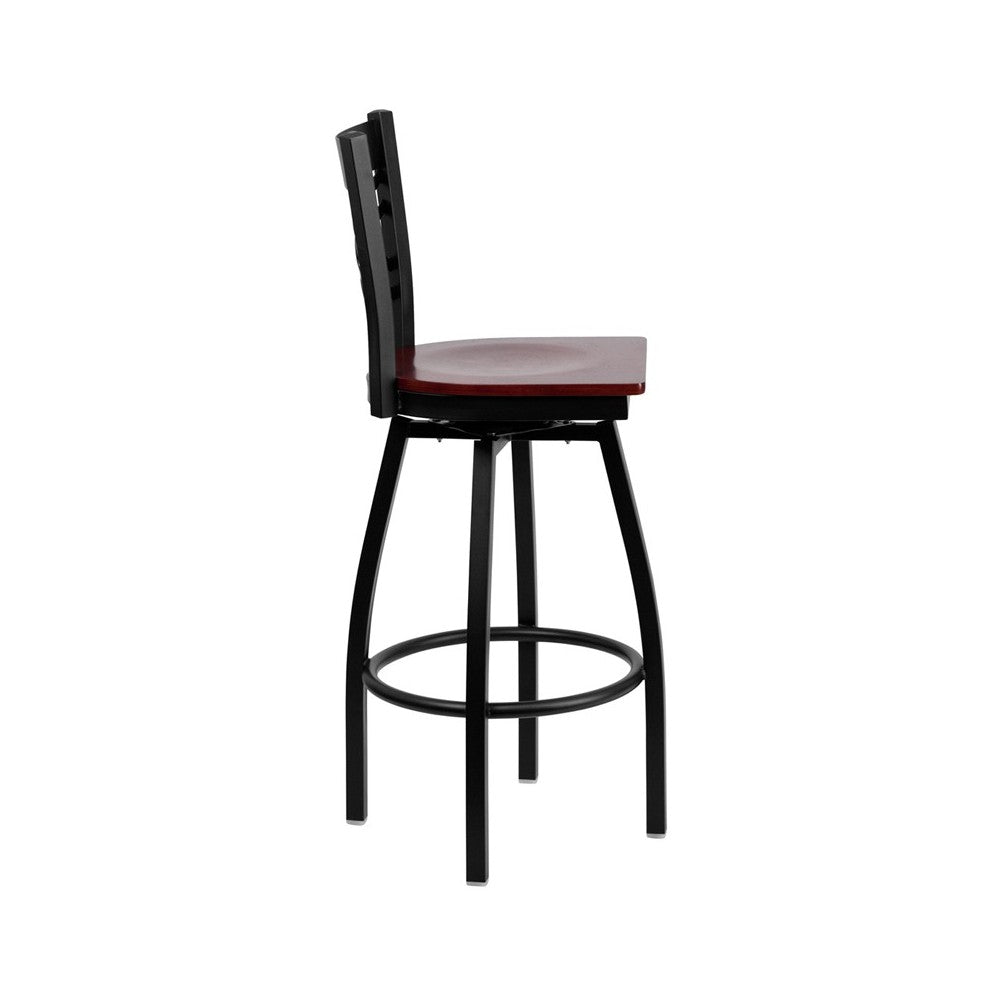 Black ''X'' Back Swivel Metal Barstool - Mahogany Wood Seat