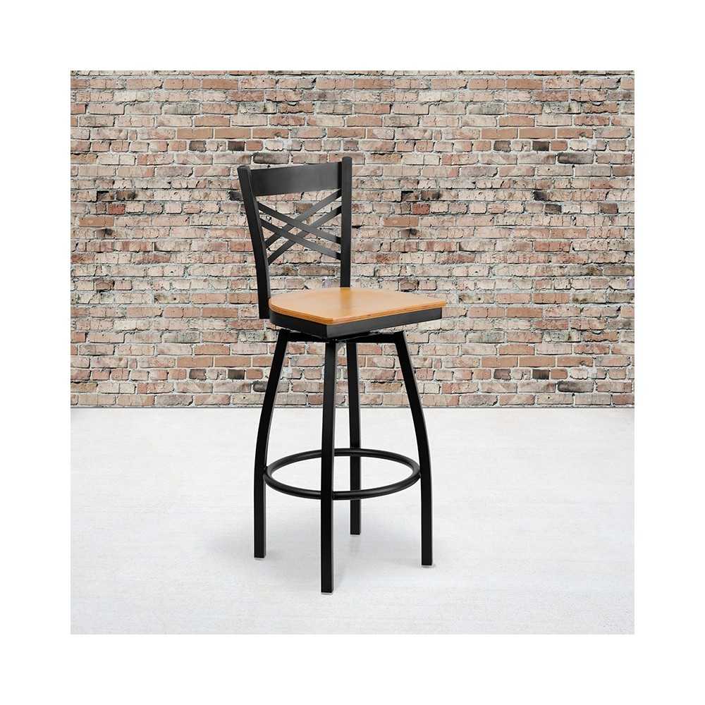 Black ''X'' Back Swivel Metal Barstool - Natural Wood Seat