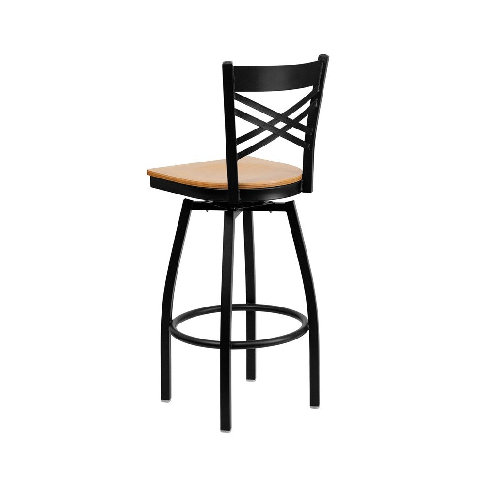 Black ''X'' Back Swivel Metal Barstool - Natural Wood Seat