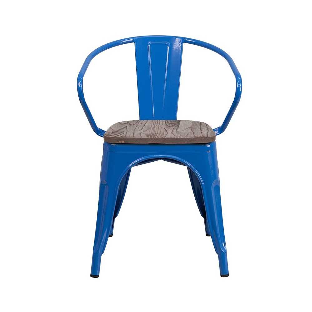 Blue Metal Chair with Wood Seat and Arms