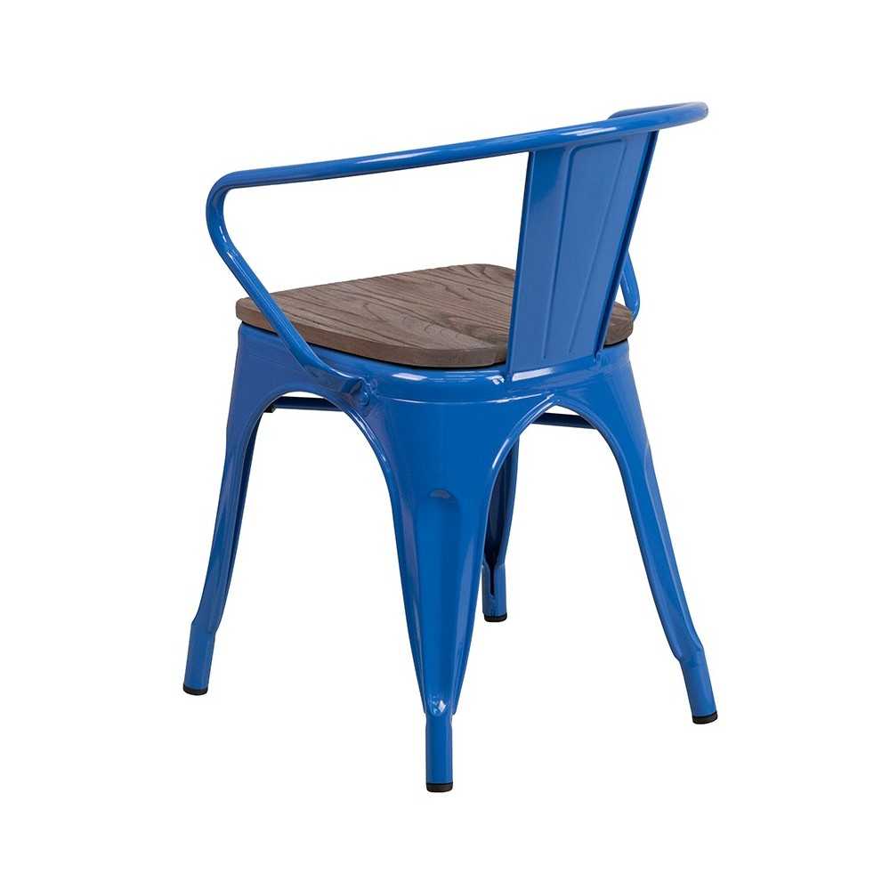 Blue Metal Chair with Wood Seat and Arms